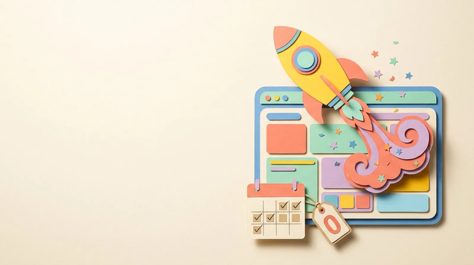 Paper-cut rocket launching from a website window, beside a calendar of ticked days and a price tag reading 0