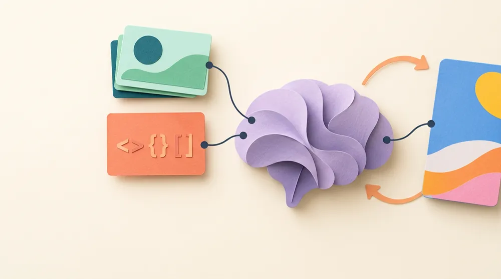 Paper-cut illustration of a brain linked by thin lines to app cards, a code card and a phone screen